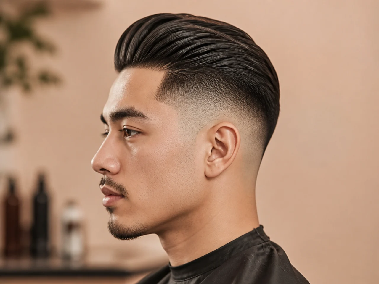 Detail trimmers cleaning the neckline of a fresh high fade in a bathroom mirror