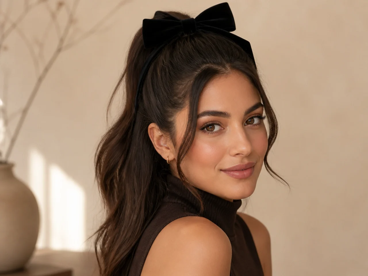 High half ponytail with a large black velvet bow tied over the base on chocolate brown hair