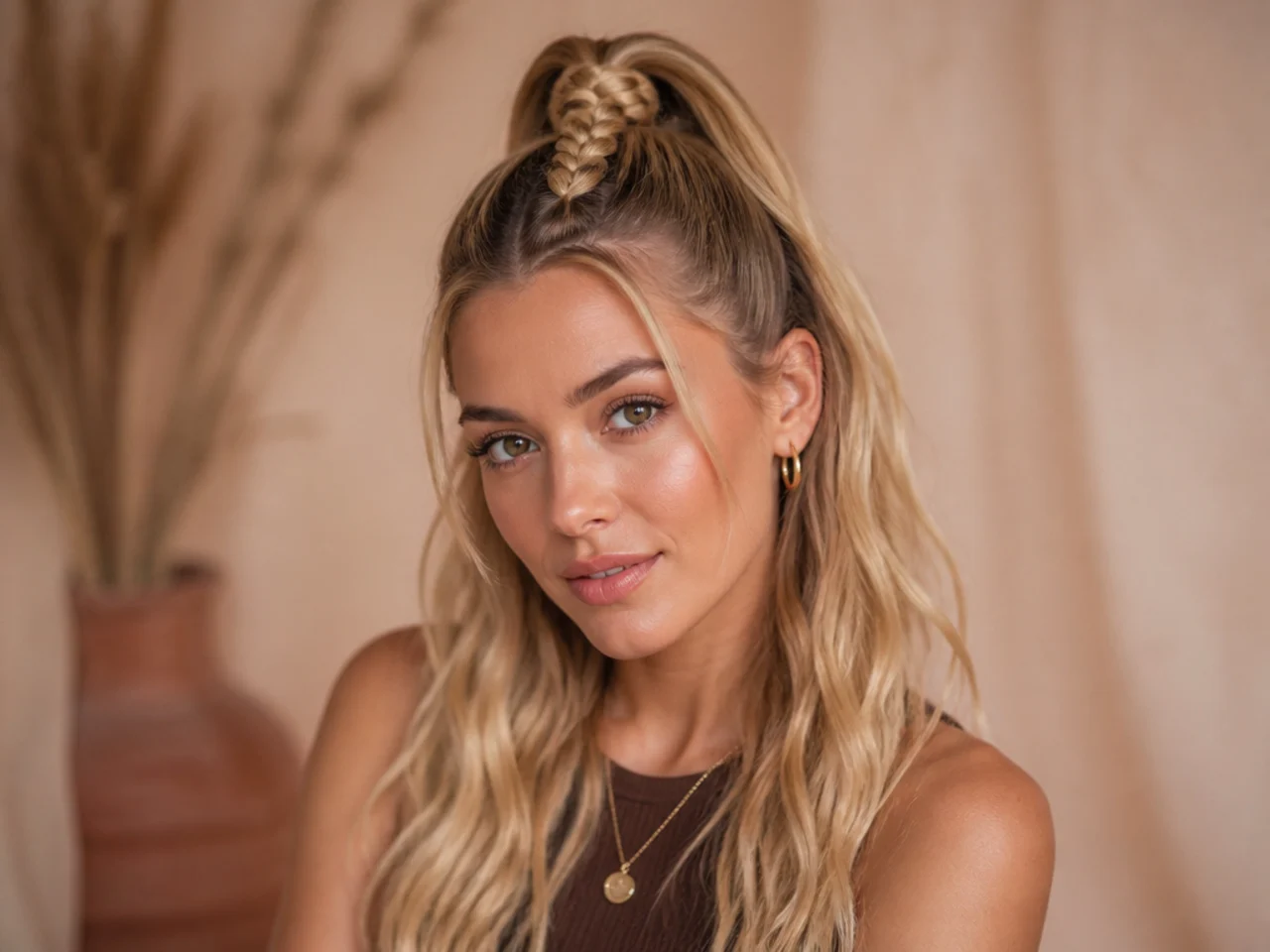 High half ponytail with a thick three-strand braid down the tail portion on golden blonde hair