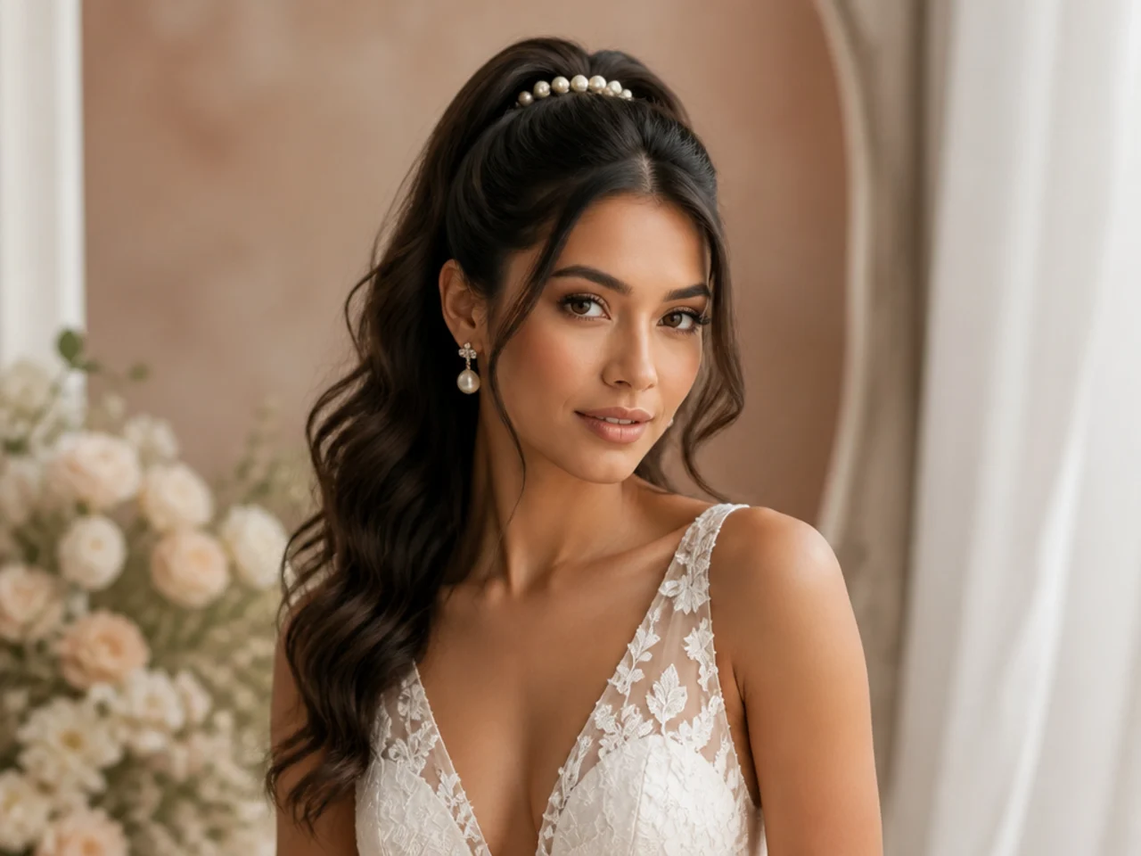 Bridal high half ponytail with flat-back pearl accents along the base and soft waves in the loose length on a woman in a white gown