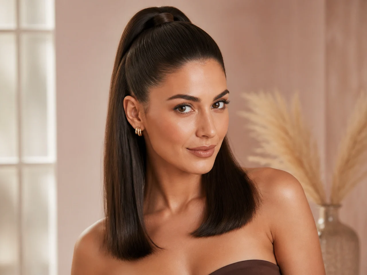 Classic sleek high half ponytail with glass-smooth top and straight loose hair below on a woman with dark brown hair