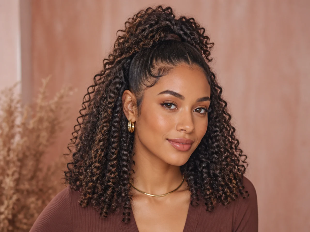 High half ponytail on a woman with Type 3B natural curls, defined coils in both the tail and the loose length