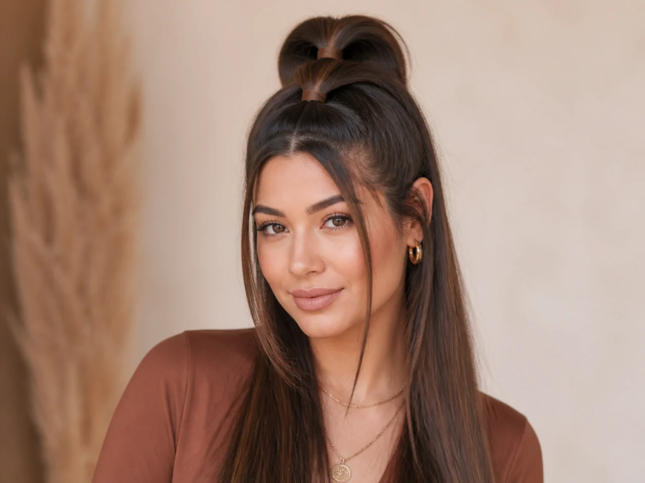 High half ponytail with two stacked bubble sections and loose length below on a woman with long straight brown hair