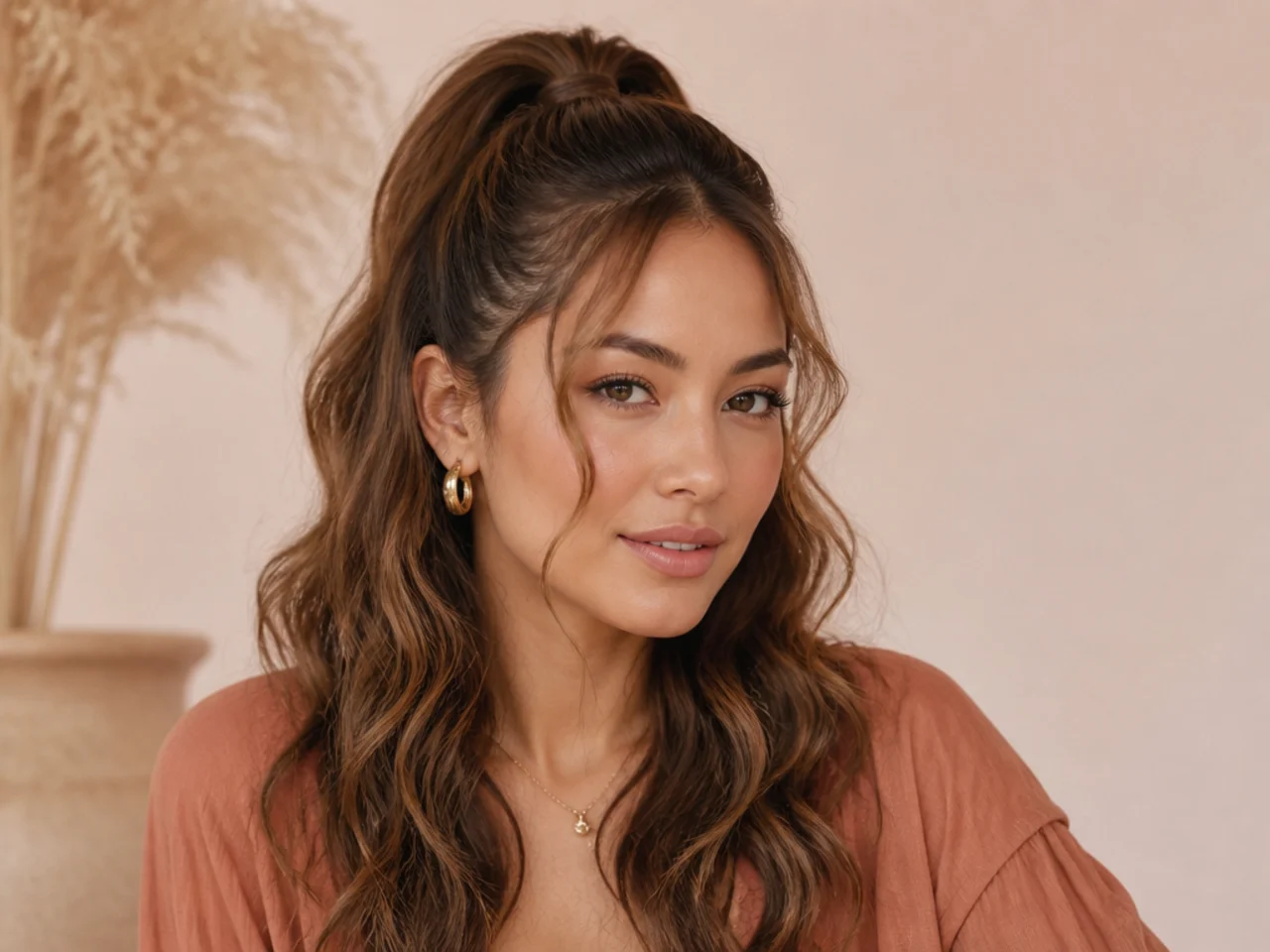 High half ponytail with soft curled face-framing tendrils at each temple on a woman with wavy honey-brown hair