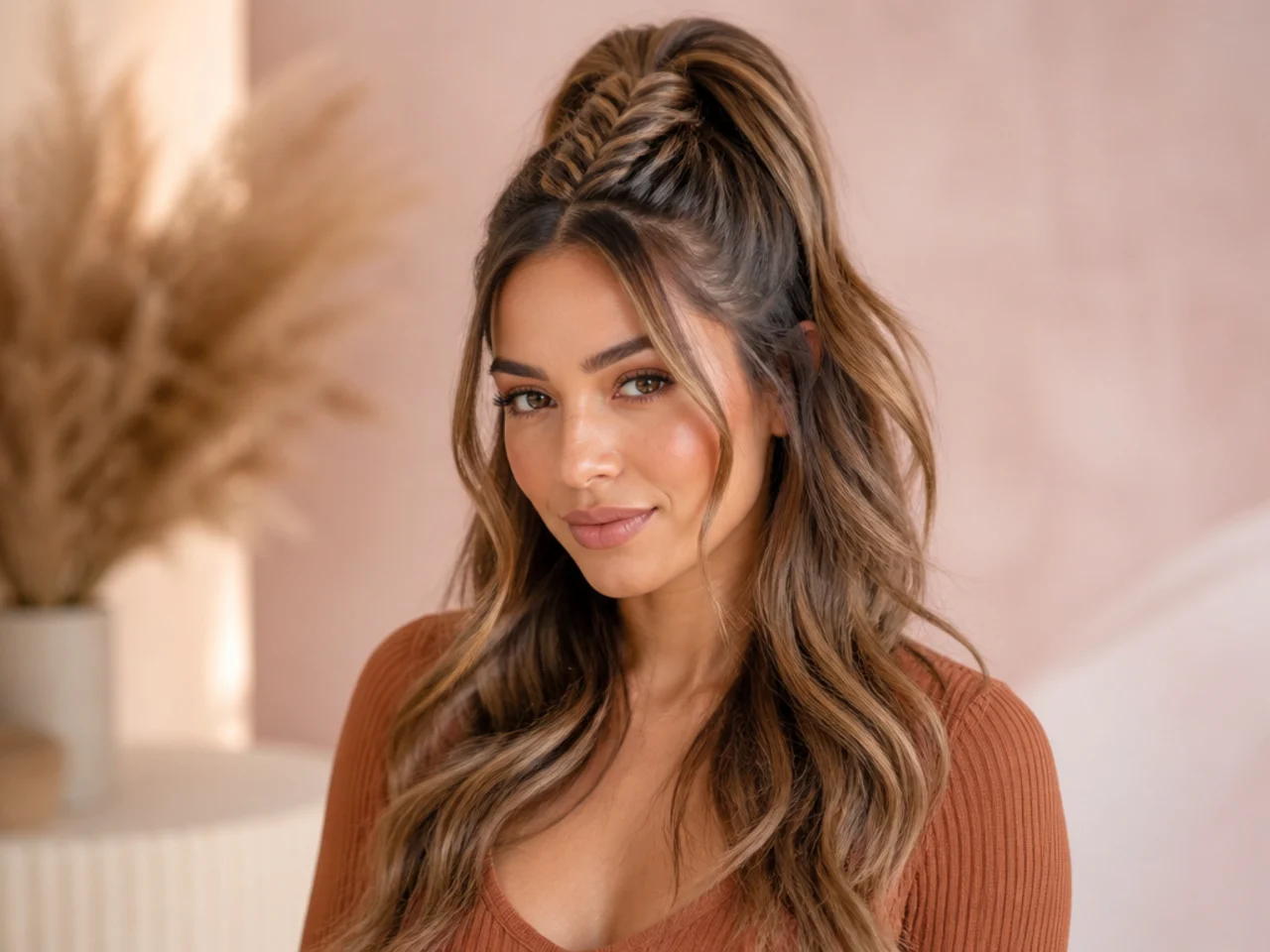 High half ponytail with an intricate fishtail braid down the length on caramel-highlighted brown hair