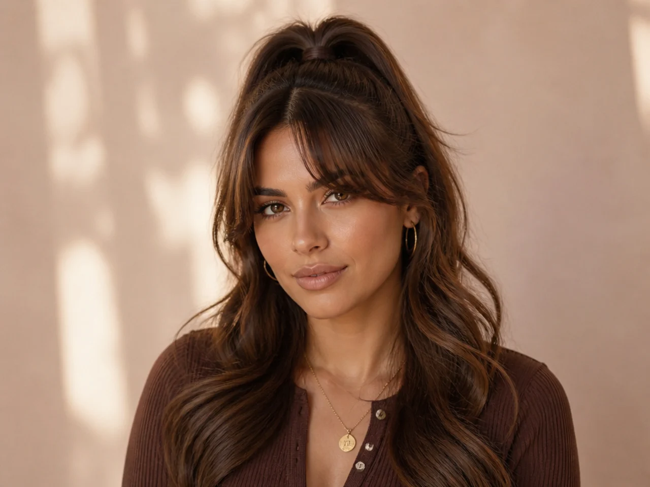 High half ponytail paired with soft curtain bangs framing the face on a woman with chestnut hair