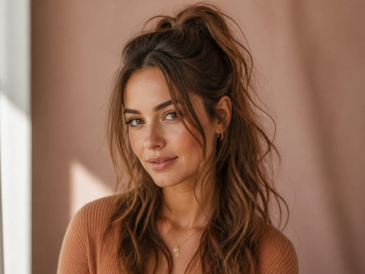 Messy undone high half ponytail with intentional flyaways and loose face-framing pieces on a woman with tousled brown hair