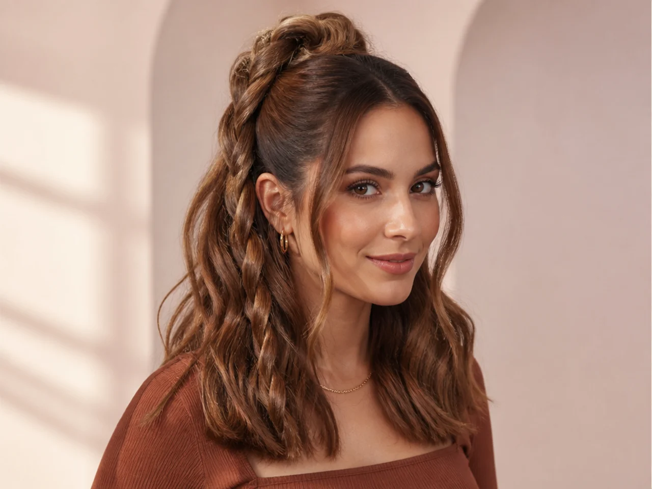 High half ponytail with a rope-twist plait down the tail on a woman with chestnut hair