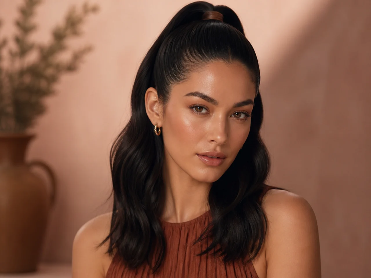 Wet-look high half ponytail with visible glossy sheen on the crown section on a woman with jet-black hair