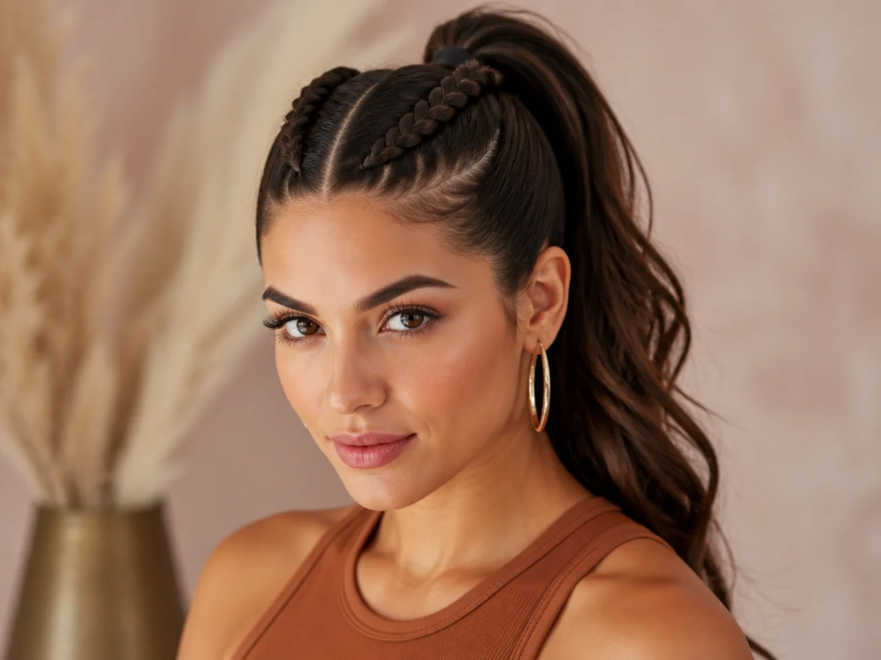 Two symmetrical Dutch boxer braids running along either side of the head into a center high ponytail on a Latina woman with dark brunette hair