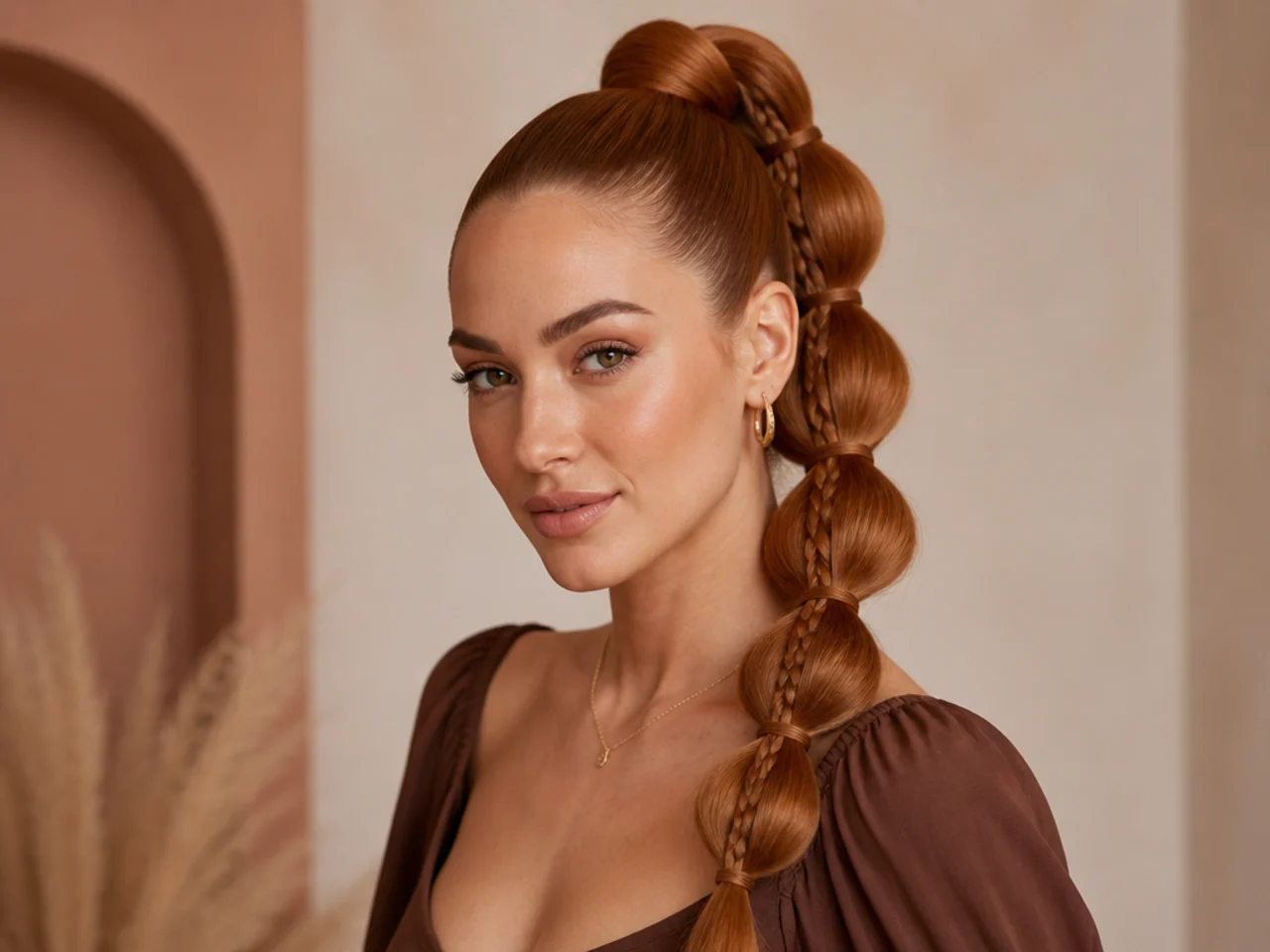 Bubble braid high ponytail with alternating braided and puffed segments down the tail on a woman with long amber hair