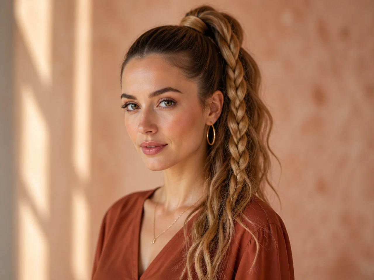 Two-strand chain link braid down the tail of a high ponytail on a woman with wavy dark blonde hair
