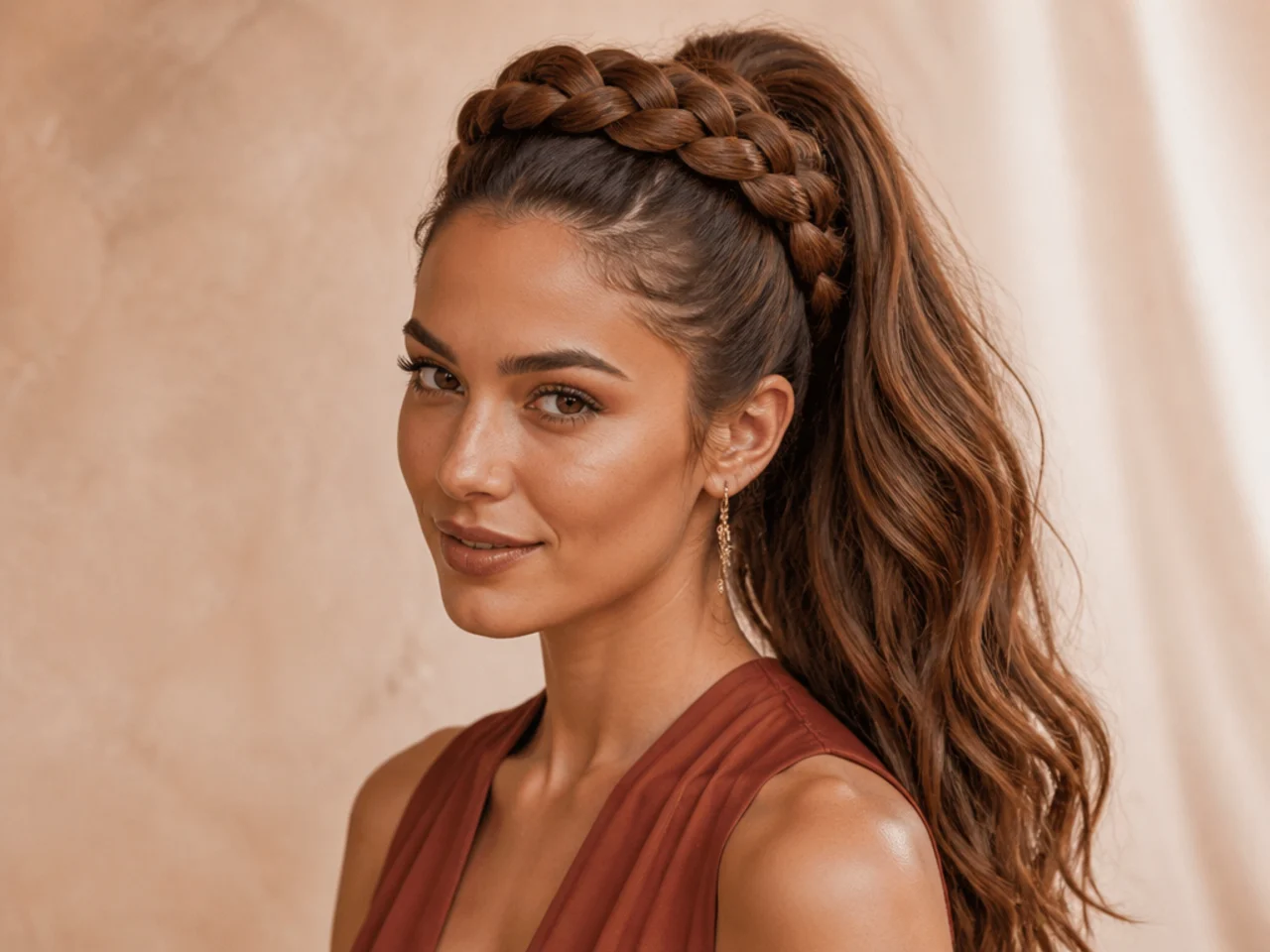 Coronet crown braid encircling the top of the head above a high ponytail on a woman with long chestnut hair
