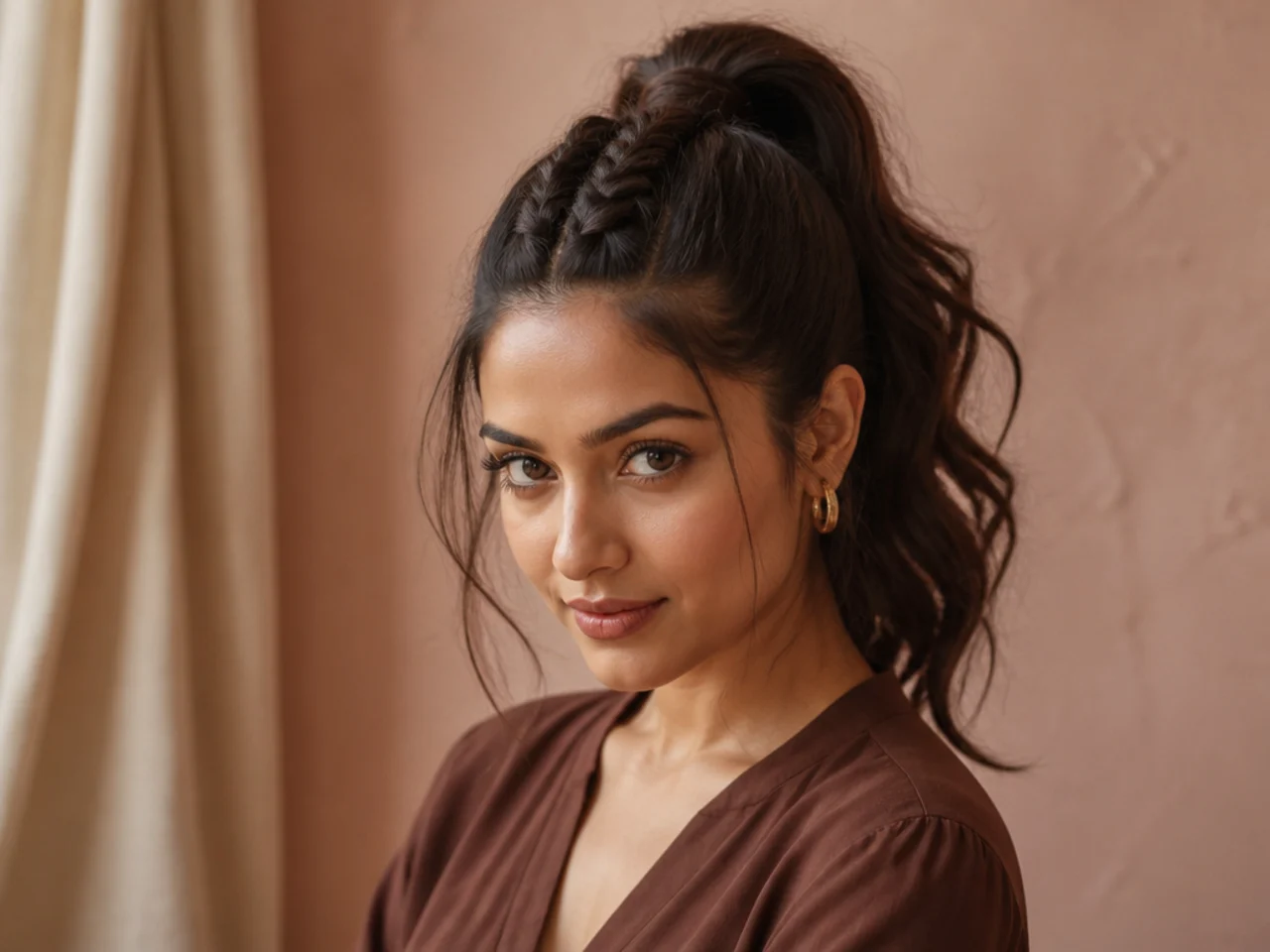 Single Dutch braid running down the center of the head into a high ponytail on a South Asian woman with medium wavy hair