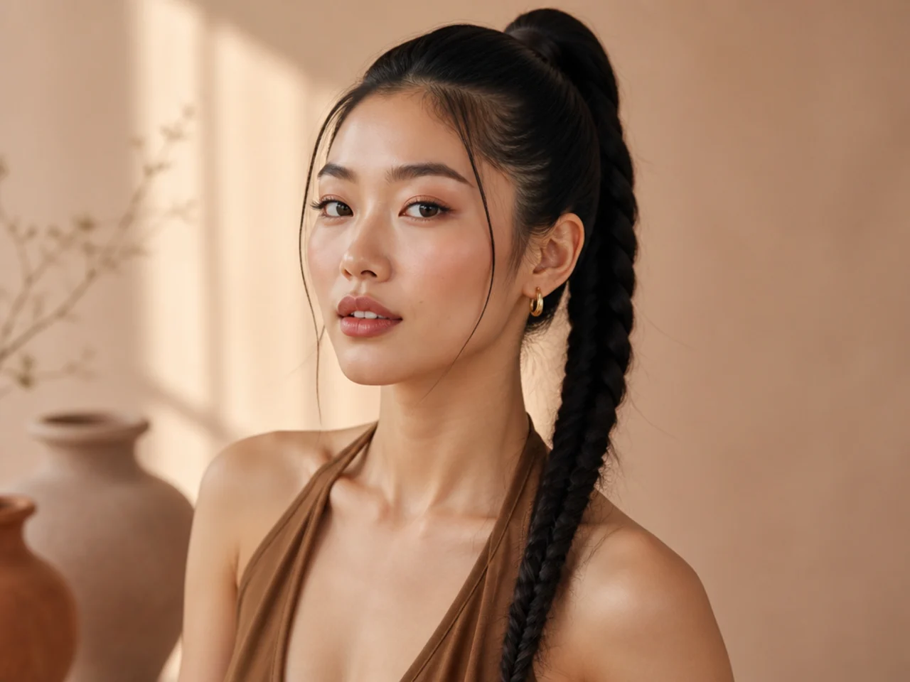 Snatched high ponytail with a long fishtail braid down the tail on an East Asian woman with sleek black hair