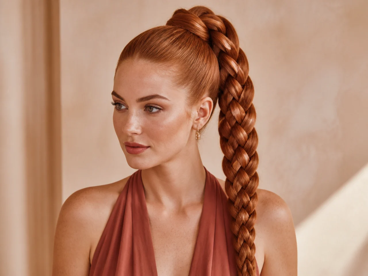 Wide five-strand ribbon braid down the tail of a high ponytail on a woman with long red hair showing complex weave