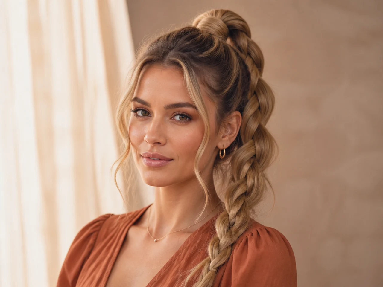 Four-strand braid running down the tail of a high ponytail on a woman with honey-blonde wavy hair showing intricate woven pattern