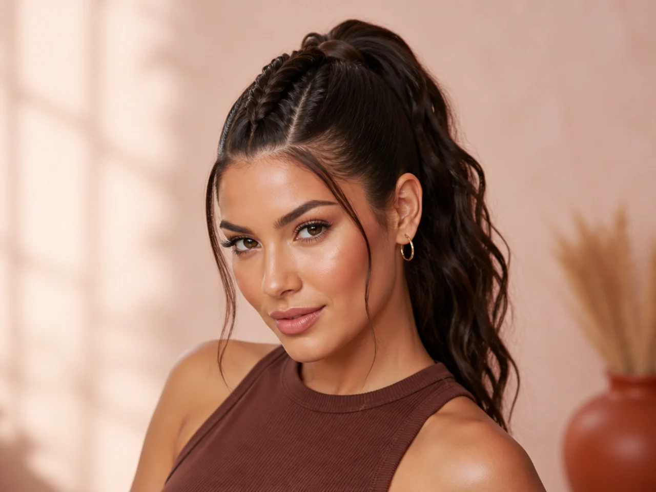 Single French braid running from the forehead over the crown feeding into a snatched high ponytail on a Latina woman with wavy dark brown hair