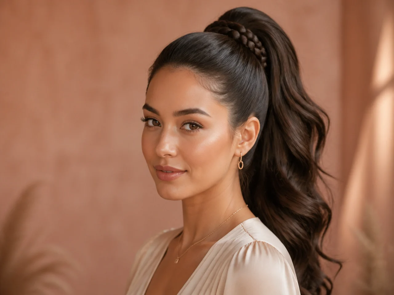 Halo wrap braid encircling the base of a high ponytail on a woman with sleek dark brown hair