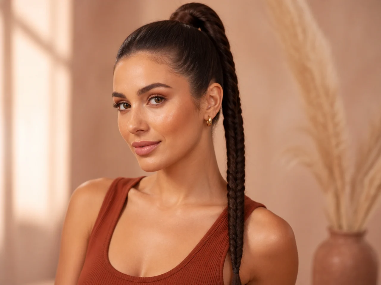 High ponytail with a tight herringbone braid down the tail showing fine parallel scale pattern on a woman with dark brown hair