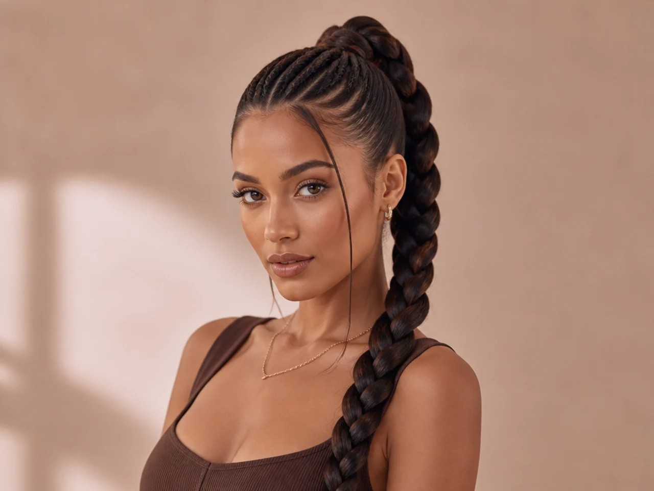 Client showing three high ponytail braid reference photos on a phone to a stylist at a salon chair