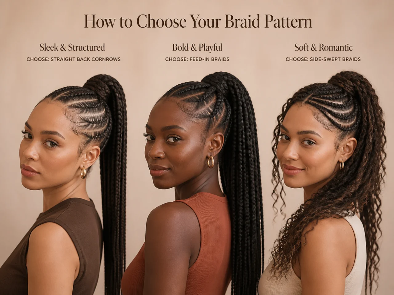 Three women wearing different high ponytail braid patterns — fishtail, French, and rope — side by side