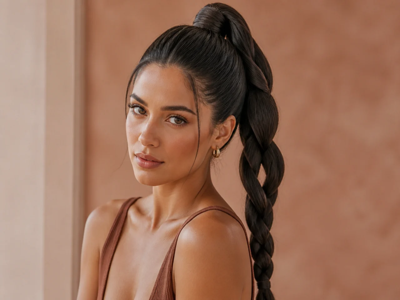 Infinity figure-eight braid down the tail of a high ponytail on a woman with long dark hair