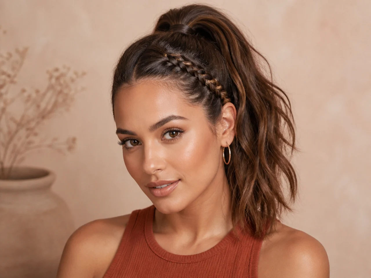 One-sided lace braid running along the hairline into a high ponytail on a woman with medium-length brown hair