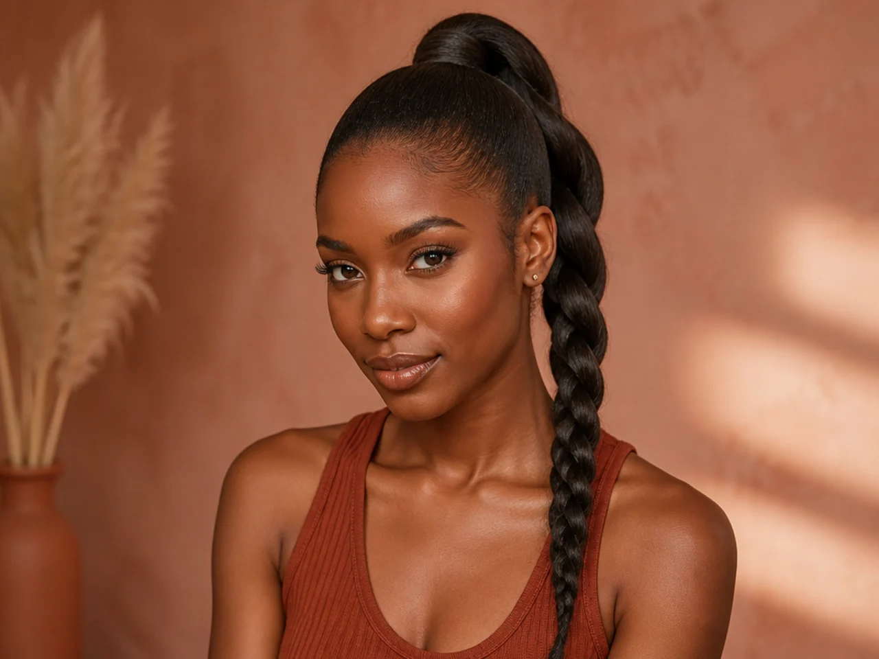 Two-strand rope twist braid down the tail of a high ponytail on a Black woman with stretched natural hair