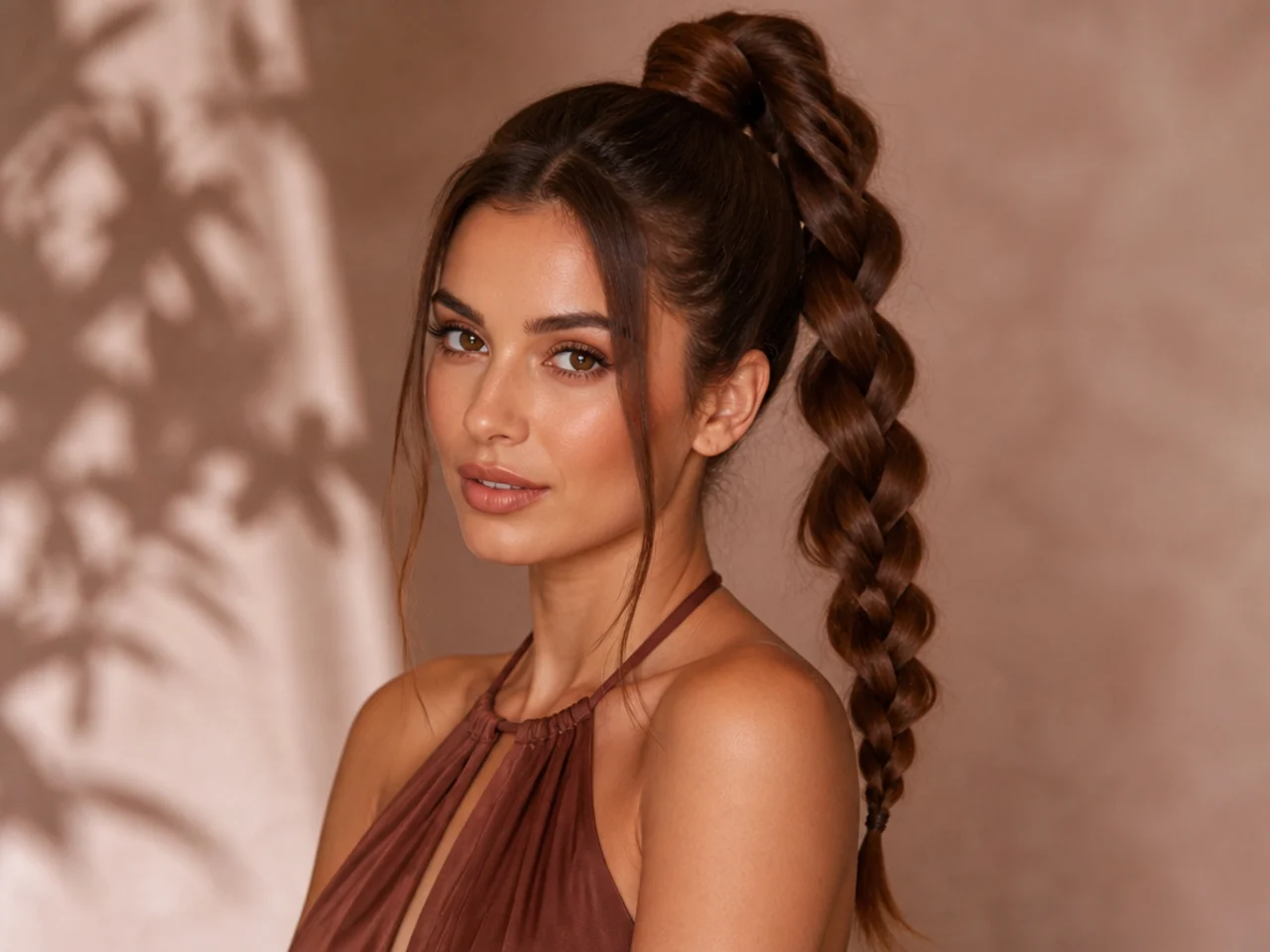 Snake braid down the tail of a high ponytail with a scrunched serpentine shape on a woman with long chestnut hair