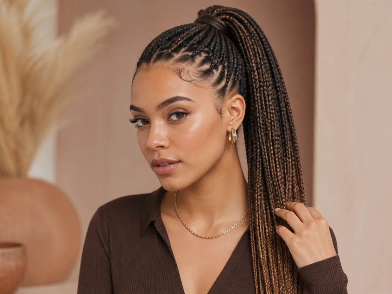 Overhead flatlay of high ponytail braid essentials — smoothing cream, clear elastics, satin scrunchie, boar-bristle brush, light hairspray