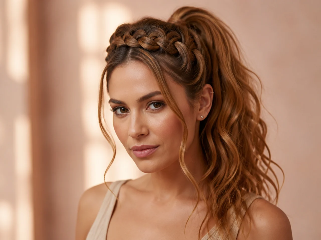 Waterfall braid across the front of the head meeting a high ponytail with cascading loose strands on a woman with wavy amber hair
