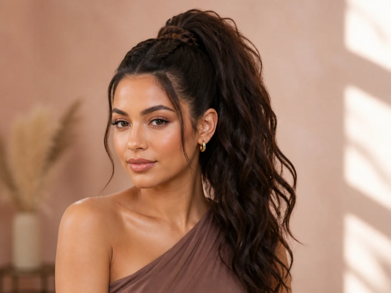 Close-up of a French braid feeding into a snatched high ponytail on a mixed-ethnicity woman with medium-brown hair