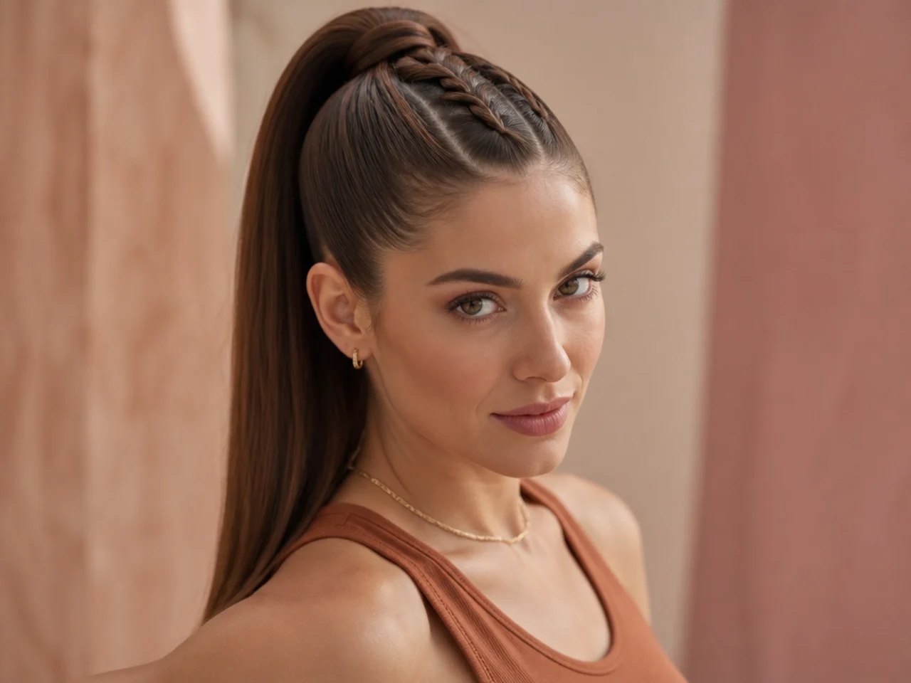 Zigzag French braid across the top of the head into a high ponytail on a woman with straight medium-brown hair
