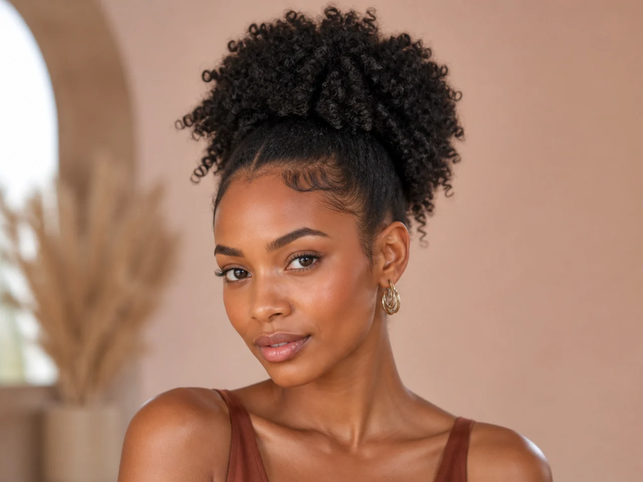 4A micro-coil crown puff high ponytail with defined tight coils on a Black woman with natural hair