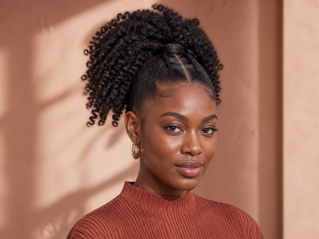 4B zig-zag kink high ponytail with voluminous natural coils on a Black woman with 4B hair