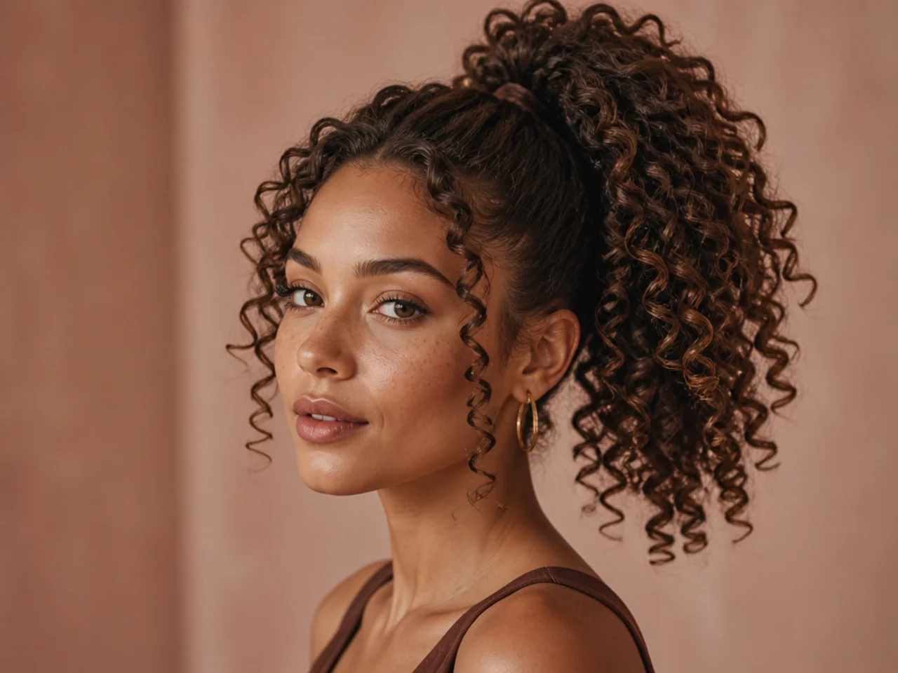 Bouncy 3B tight ringlet high ponytail with springy Sharpie-thick curls on a mixed-race woman
