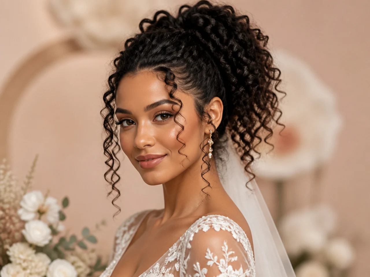 Bridal curly high ponytail with soft face-framing tendrils and defined natural curls on a bride with 3B hair