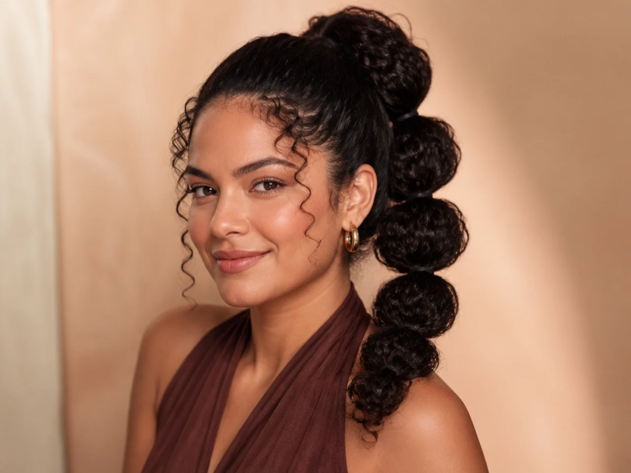 Curly bubble high ponytail with sculpted round puffs down the tail on a Latina woman with 3A curls