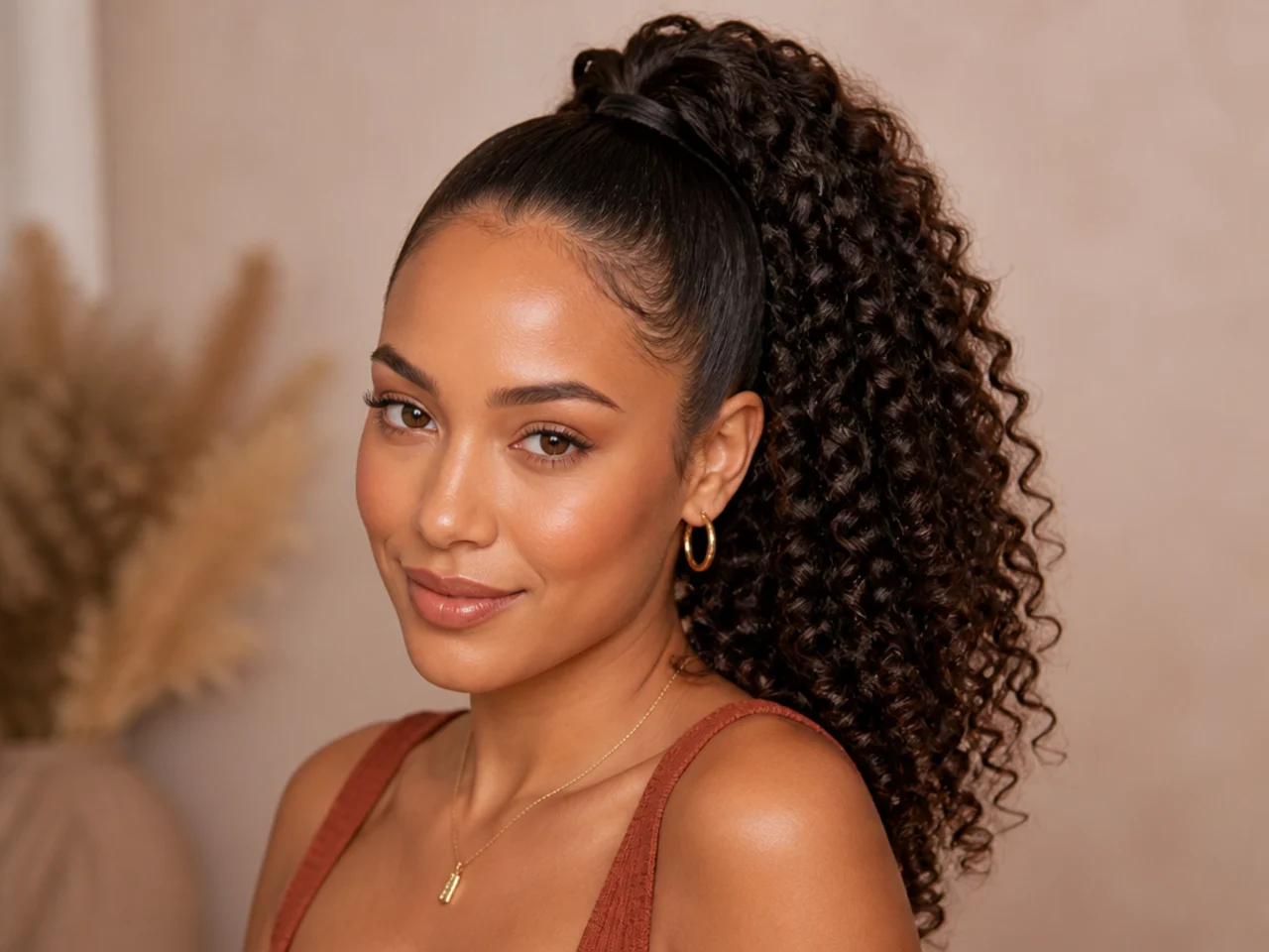 Curly drawstring boost high ponytail with texture-matched extension adding length and volume on a woman with natural hair