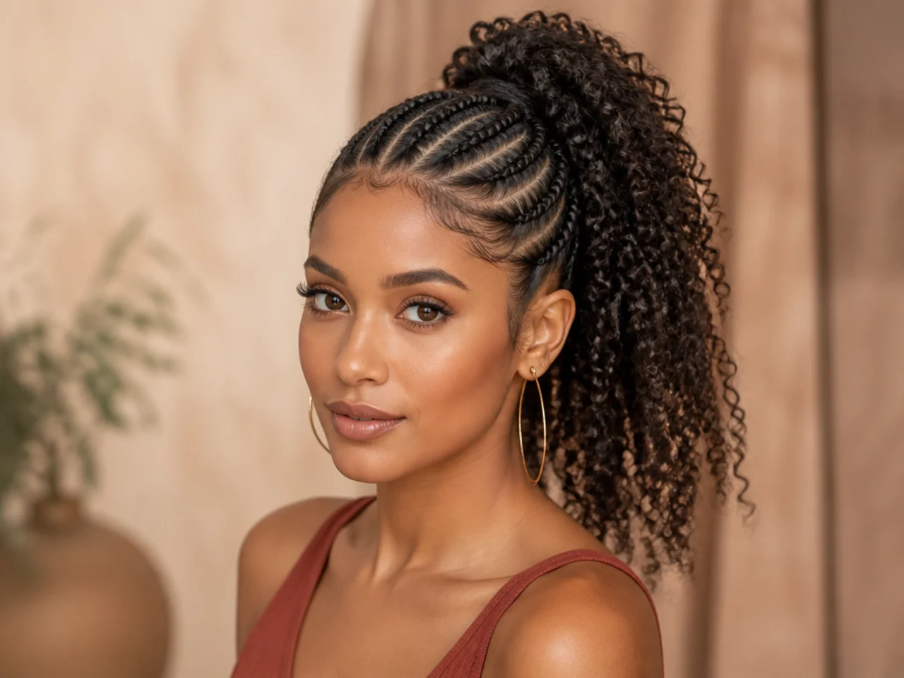 Curly feed-in cornrow high ponytail with scalp braids leading to a released curly tail on a woman with natural hair