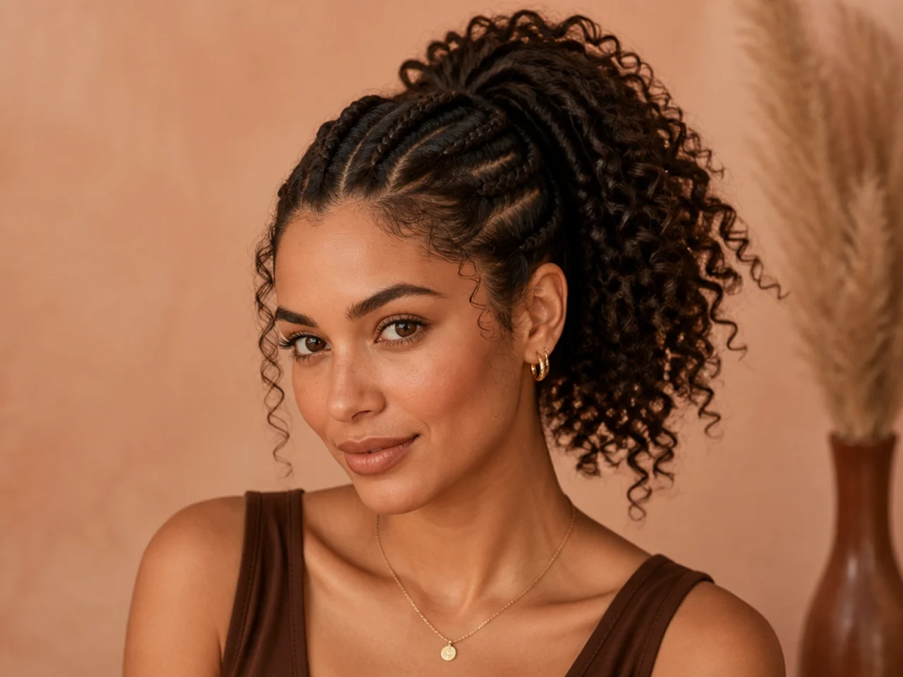 Curly French braid base high ponytail with upward-flowing braid at the nape leading to defined curly tail on a woman with 3B hair