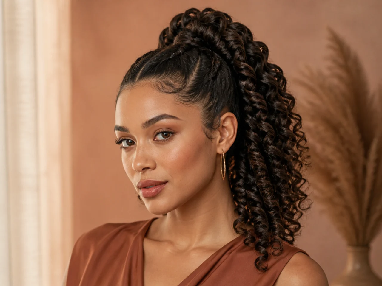 Curly rope twist high ponytail with two twisted sections of coils wrapped around each other on a woman with 3C hair