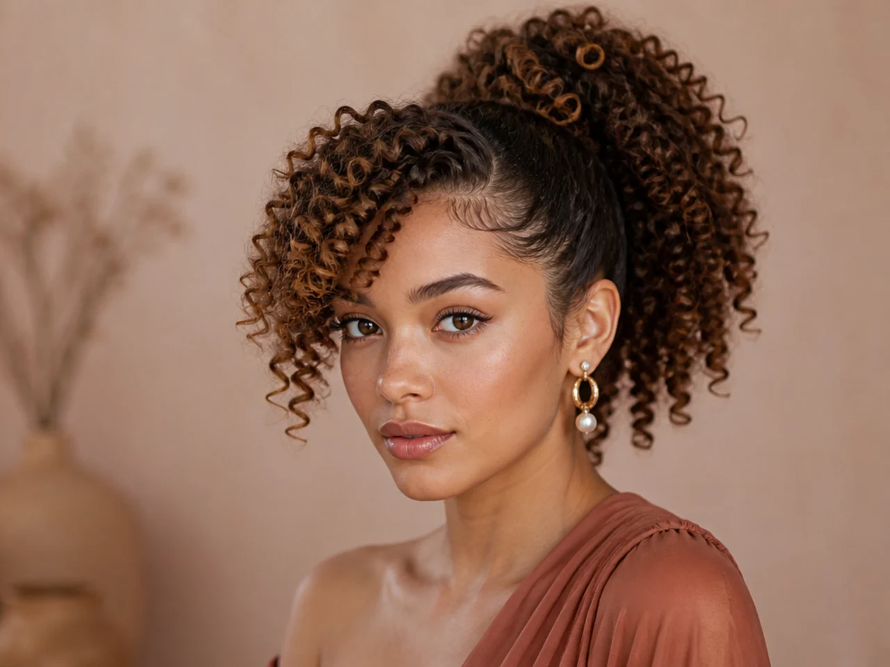 Curly side-swept front bang high ponytail with sculpted front swoop on a mixed-race woman with 3B curls