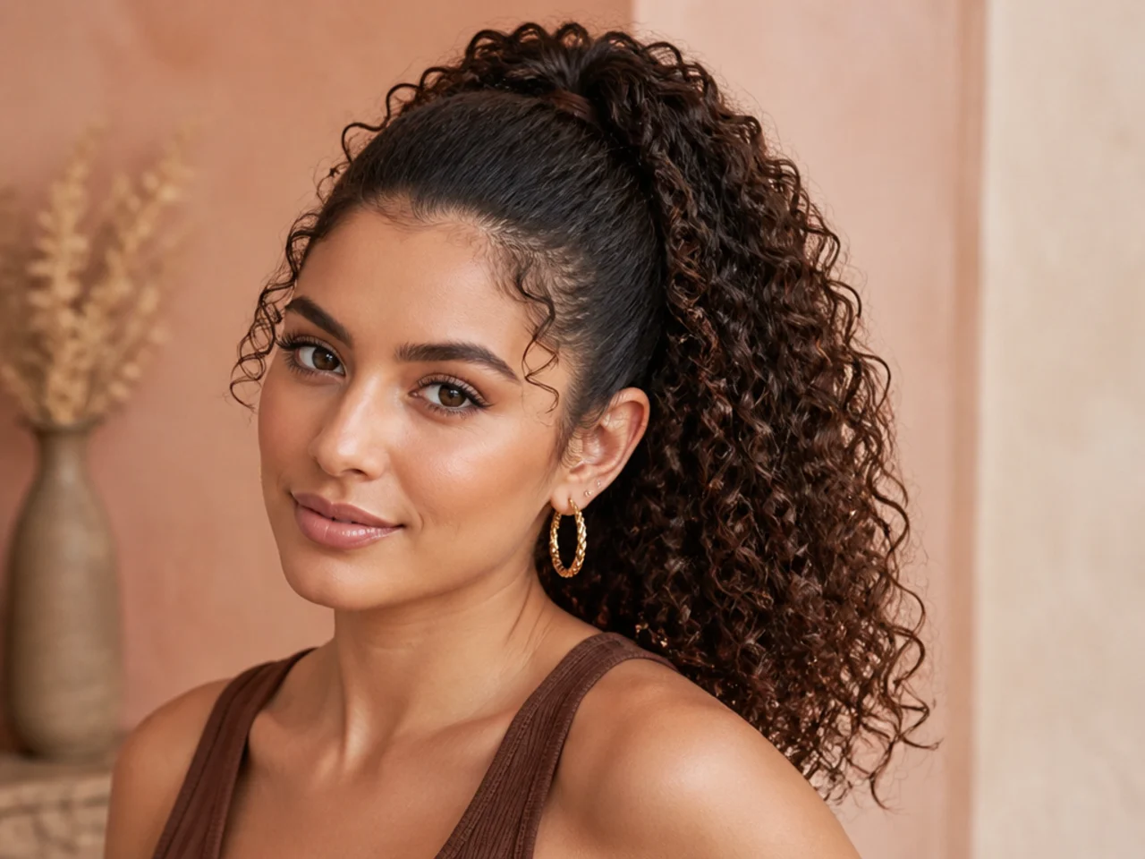 Defined 3A curly wash-and-go high ponytail with loose corkscrew curls cascading behind on a Latina woman