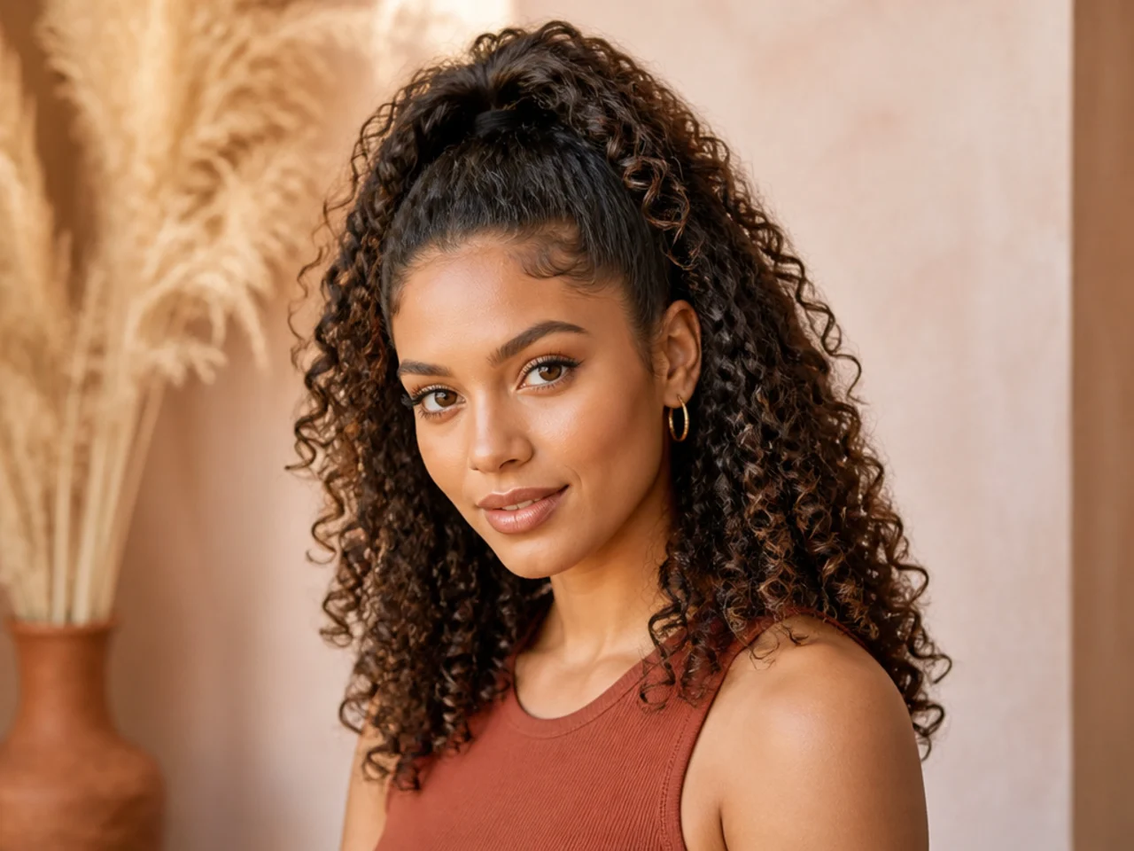 Half-up curly high ponytail with polished top gathered to the crown and loose curls below on a woman with 3B hair