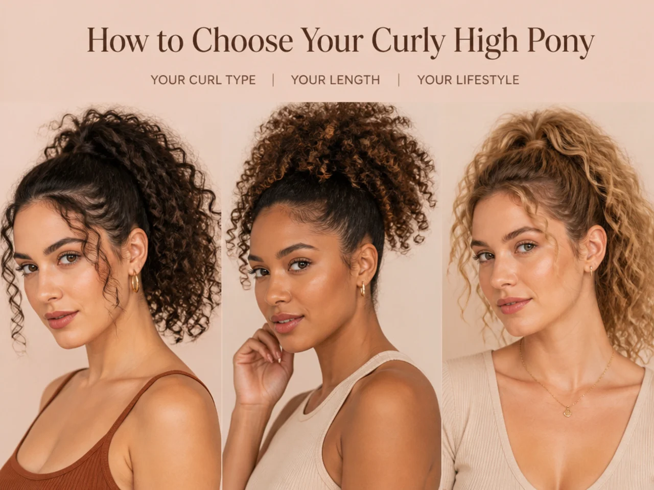 Three women with different curl patterns modeling curly high ponytail variations — 3A stretched, 3C defined coils, and 4B puff