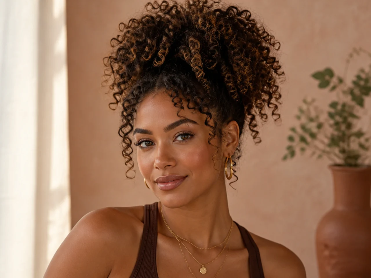 Pineapple overnight-preserved high ponytail with second-day defined curls on a woman with 3B/3C natural hair