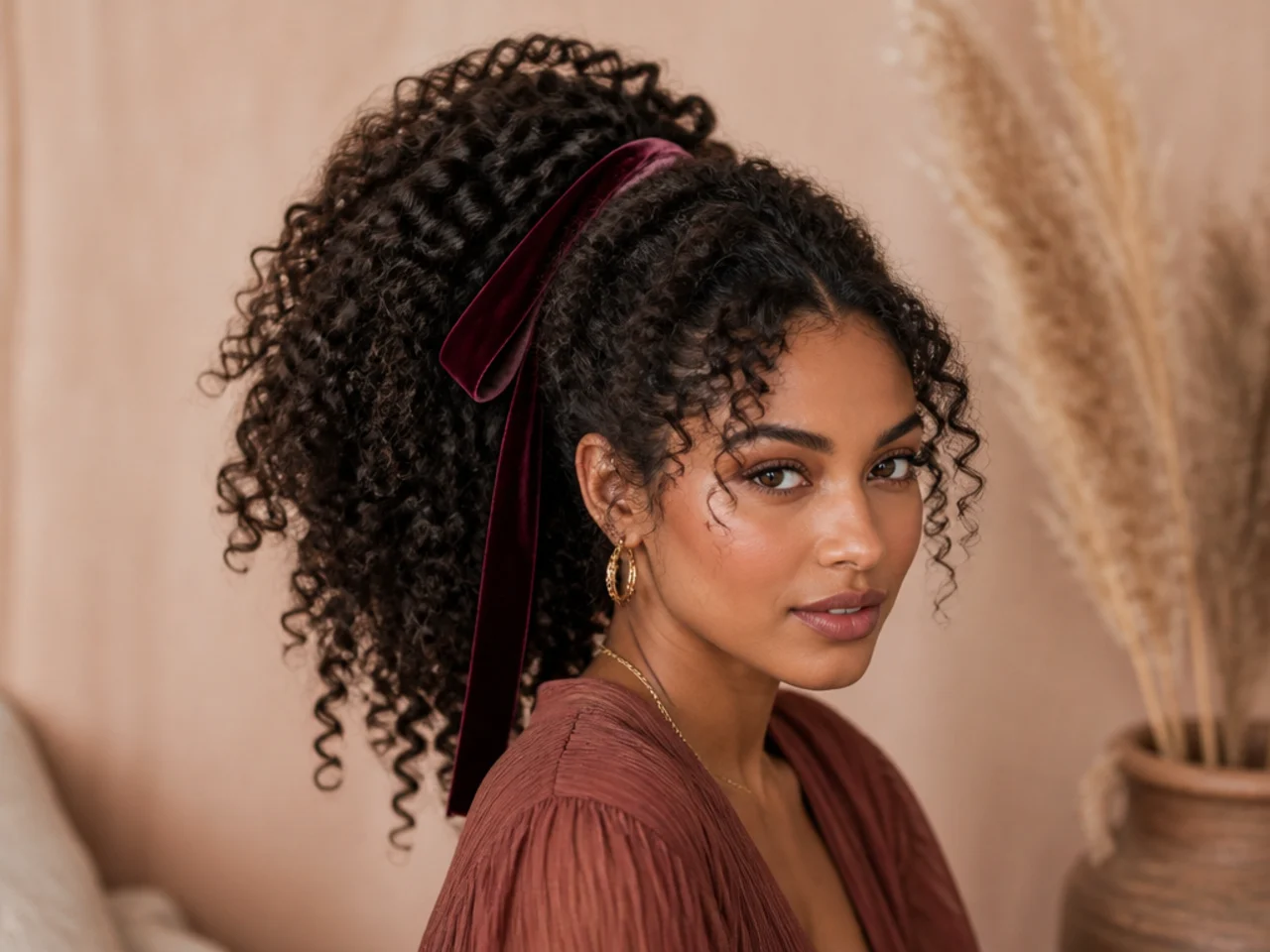 Ribbon-wrapped curly statement high ponytail with velvet ribbon accent and defined natural curls on a woman with 3C hair