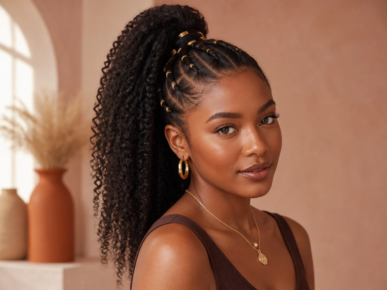 Stretched-coil banded-method high ponytail on a Black woman with elongated natural curls